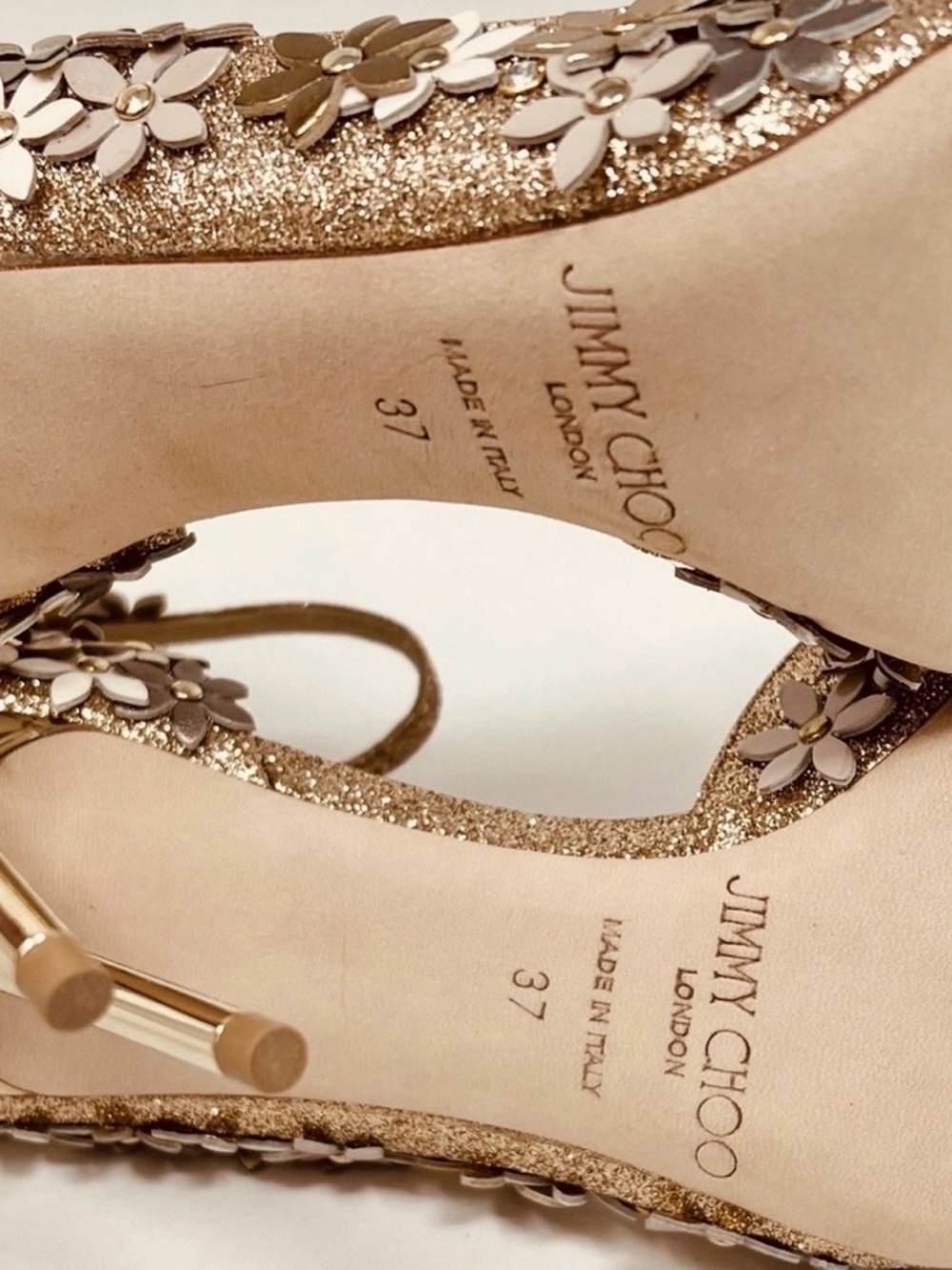 Jimmy Choo NWOT Lorelei Limited Edition Gold-Leather Flowers-Swarovski D’Orsay - Picture 3 of 16